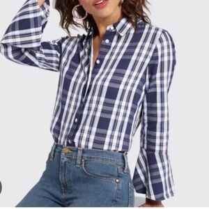 Draper James Women 8 Shirt Top Blue Plaid Bell Sleeve Button Up Cotton Rayon